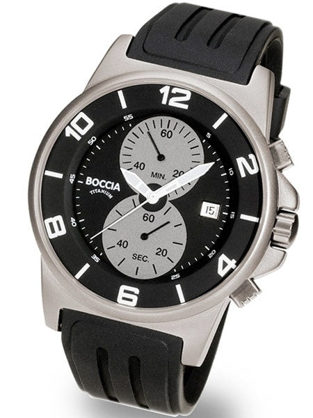 Boccia Mens Black Dial Quartz Chronograph with 45mm Titanium Case and Rubber Strap #3777-01