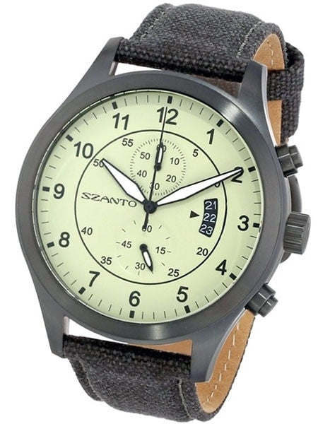 Szanto 46mm Black Ion Plated Vintage Inspired Military Chronograph Watch #1204