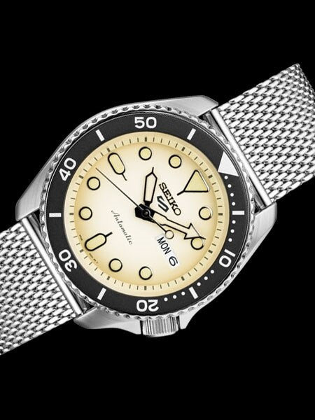 Seiko 5 Sports 24-Jewel Automatic Watch with Biege Dial and Mesh Bracelet #SRPD67