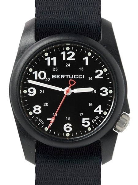 Bertucci A-1R Field Comfort watch with fiber reinforced polycarbonate Unibody case, Black Nylon Strap, Black Dial #10500