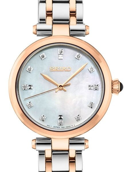 Seiko Ladies Quartz Dress Watch with with 12 Diamond Hour Markers, Mother of Pearl Dial #SRZ534