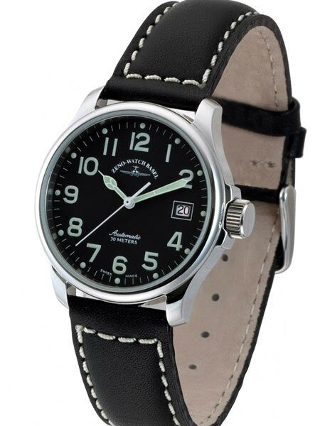 ペコ Zeno Mens Pilot Watch with Black Dial, Black Leather Strap and