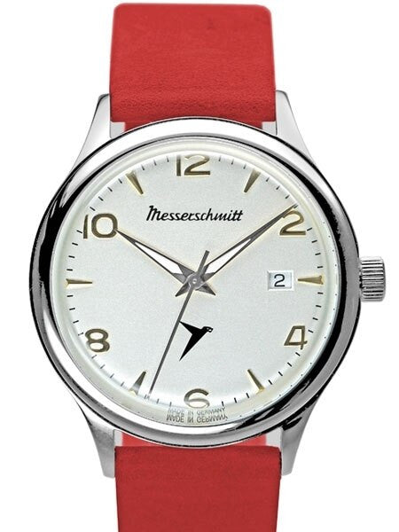 Messerschmitt White Dial Swiss Quartz Watch with Red Leather Strap #KR500-SR