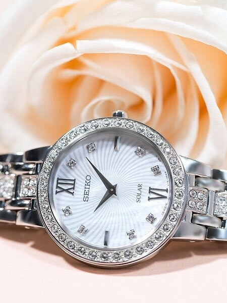 Seiko Ladies Solar Dress Watch with Swarovski Crystals, Mother of Pearl Dial #SUP359