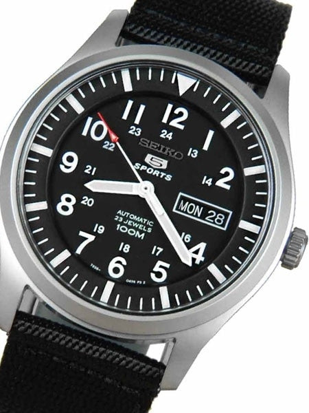 Seiko Military Black Dial Automatic Watch with 42mm Case, Black Canvas Strap #SNZG15K1
