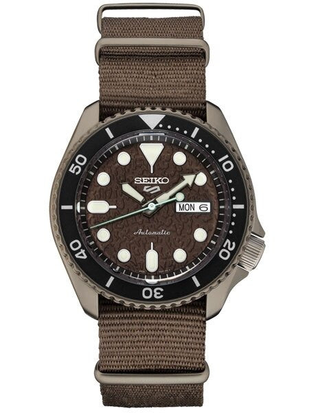 Seiko 5 Sports 24-Jewel Automatic Watch with Textured Chestnut Red Dial and Nylon Strap #SRPD85
