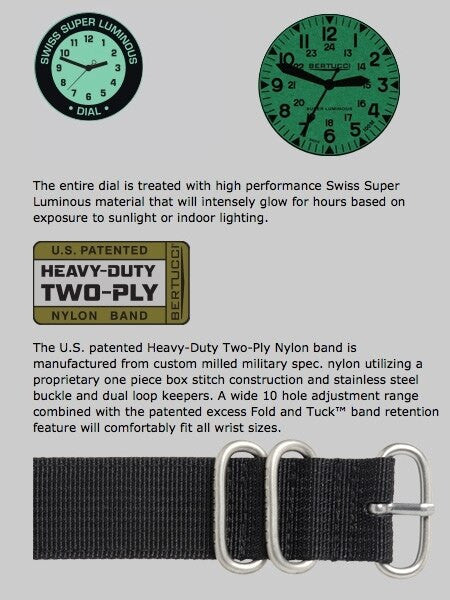 Bertucci A-3P Sportsman Vintage Field Watch with a 42mm Black Case, Luminous Dial - 13355