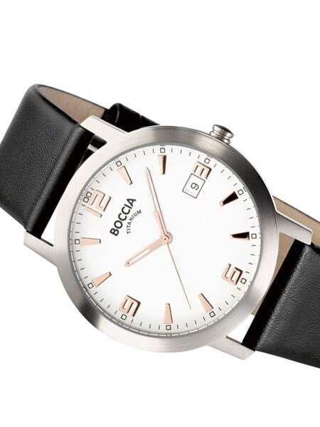 Boccia Mens Silver Quartz Dress Watch with 38mm Titanium Case and Leather Strap #3544-02