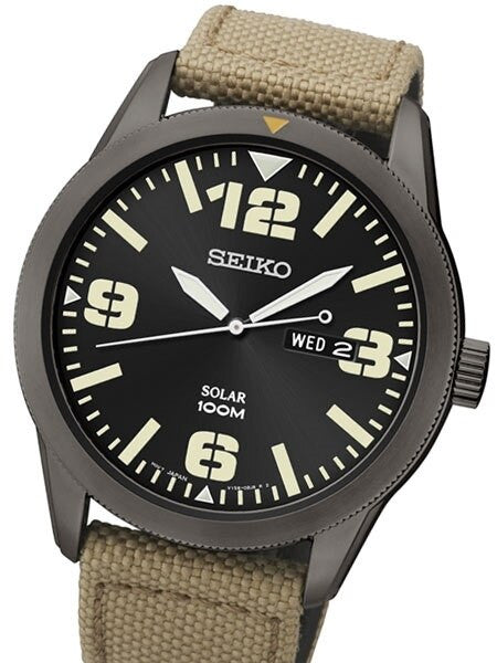 Seiko Aviator Black Dial Solar Watch with 43mm Black Ion Case, Tan Canvas Strap #SNE331