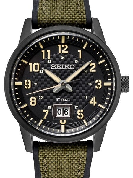 Seiko 41mm Big Date Quartz Sport Watch with Carbon Fiber Style Dial #SUR325