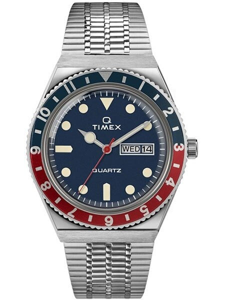 Timex Q 38mm Quartz Reissue Watch with Blue Dial and Stainless
