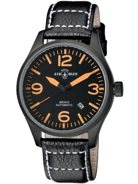 Air Blue Bravo Automatic Pilot Watch with 44mm PVD Case, Sapphire Crystal #BRAVOAUTOPVDBLKORG