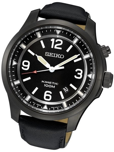 Seiko Kinetic Black Ion-Plated 43.5mm Field Watch with Power Reserve #SKA709