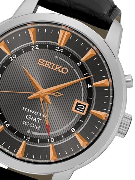 Seiko Kinetic GMT Watch with 43.6mm Stainless Steel Case and a Leather Strap #SUN063