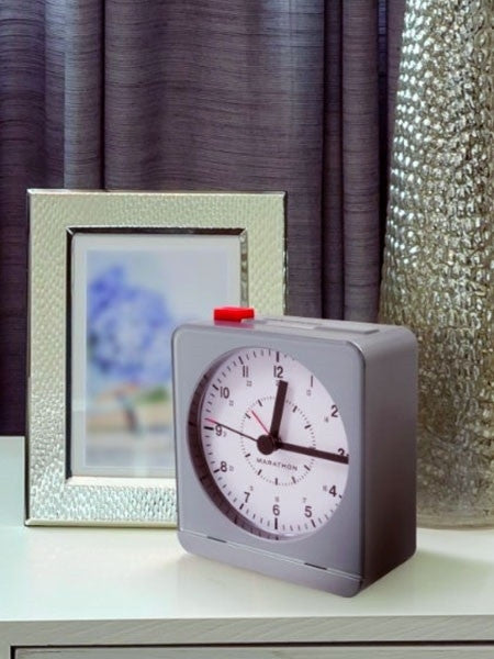 Marathon Alarm Clock with White Dial, Silent Movement, and Auto-Sensing Night Light #CL030053SV