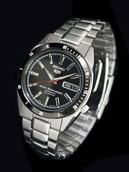Seiko 21-Jewel Automatic Watch with Carbon Fiber Dial and Black Bezel #SNKF51K1