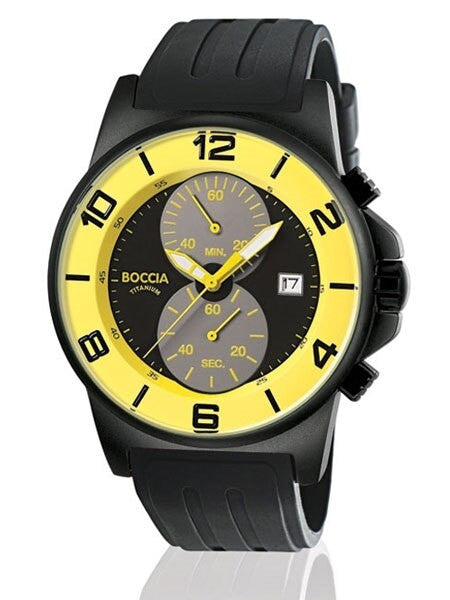 Boccia Yellow-Black Dial Quartz Chronograph with Black 45mm Titanium Case and Rubber Strap #3777-27