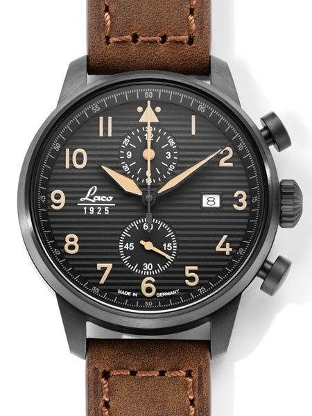 Laco Engadin Two-Eye Chronograph Watch with 42mm PVD Case and Corrugated Dial #861976