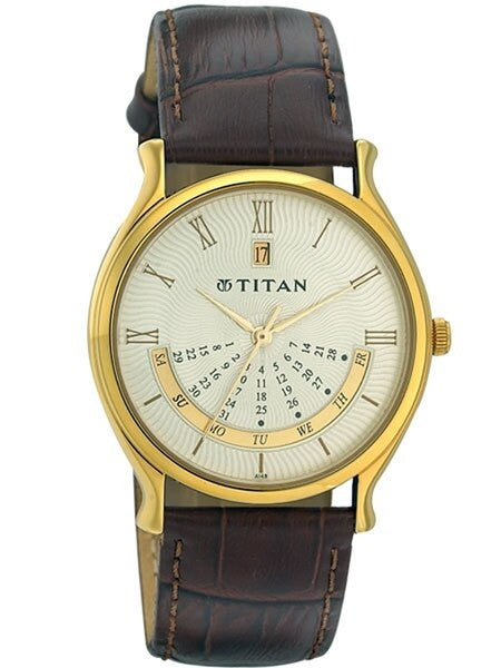 Titan Goldtone Classique Dress Watch with Precision Quartz Movement and Leather Strap #1482YL03