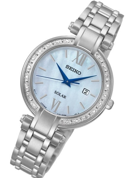Seiko Tressia Women's Solar Dress Watch with Diamond Bezel, Mother of Pearl Dial #SUT181