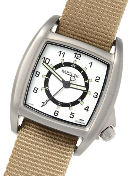 Bertucci C-1T Lusso Tank Style Field Watch with Titanium Case and Khaki Nylon Strap #16016