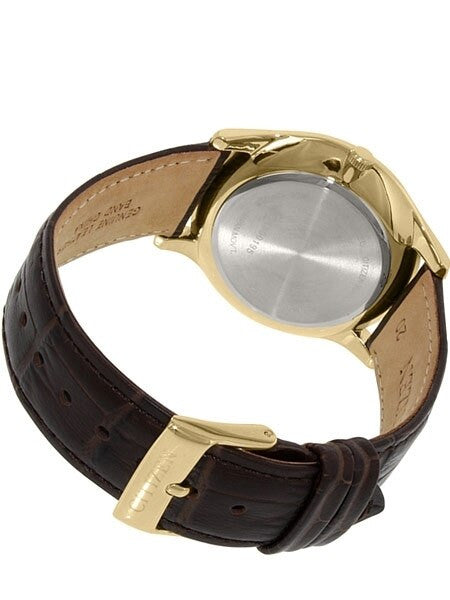Citizen Thin Goldtone Dress Watch with Three Sub-Dials and a Leather Strap #AG8353-05A