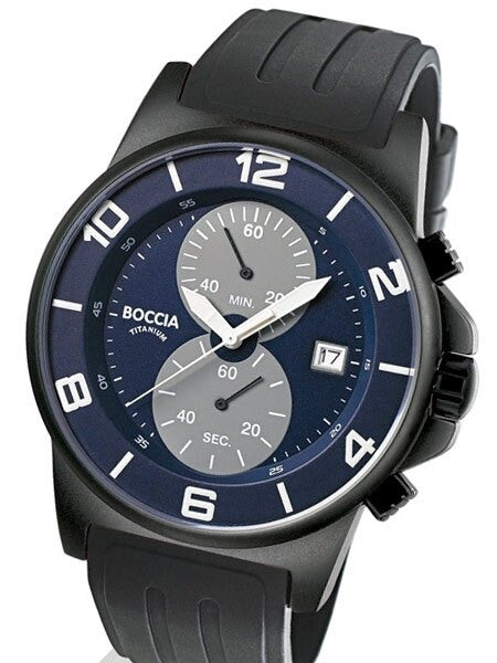 Boccia Navy Blue Dial Quartz Chronograph with Black 45mm Titanium Case and Rubber Strap #3777-13