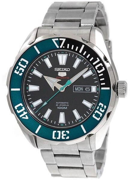 Seiko 5 Sports Automatic 24-Jewel Watch with Black Dial and SS Bracelet #SRPC53K1