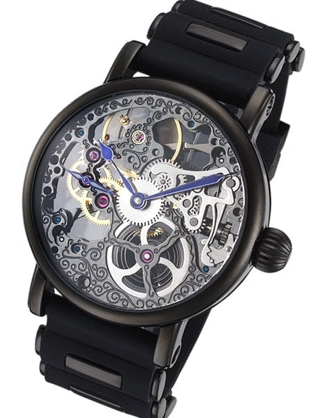 Rougois Tattoo Hand Wind Decorated Skeleton Movement Watch with Gun Metal Black IP Case #RS10003-BSB