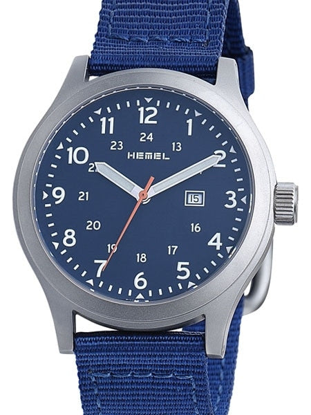 HEMEL Chevron Swiss ETA Quartz Field Watch with Matte Blue Dial and Sapphire Crystal #HM5