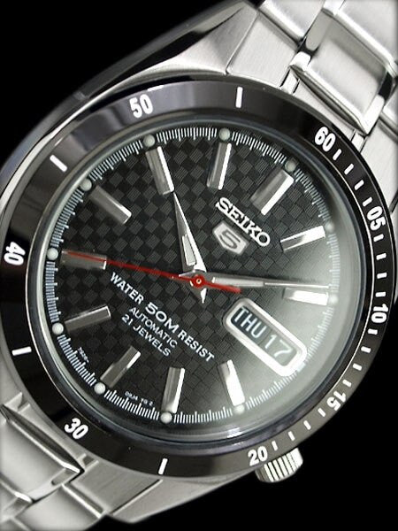 Seiko 21-Jewel Automatic Watch with Carbon Fiber Dial and Black Bezel #SNKF51K1