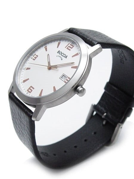 Boccia Mens Silver Quartz Dress Watch with 38mm Titanium Case and Leather Strap #3544-02