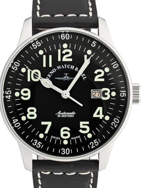 Zeno Mens XL Pilot Watch with Black Dial, Black Leather Strap and Swiss Automatic Movement #P554-a1