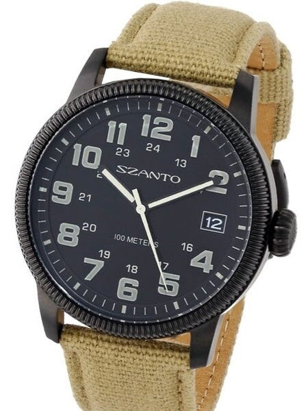 Szanto 42mm Black Ion Plated Vintage Inspired Military Aviator Watch #1102