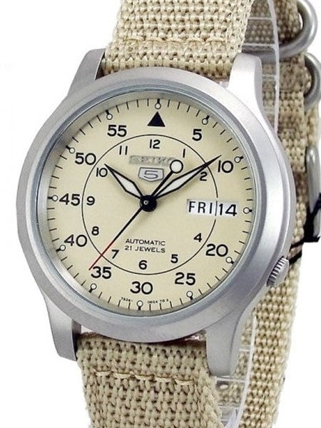 Seiko 5 Military Tan Dial Automatic Watch with Tan Canvas Strap #SNK803K2