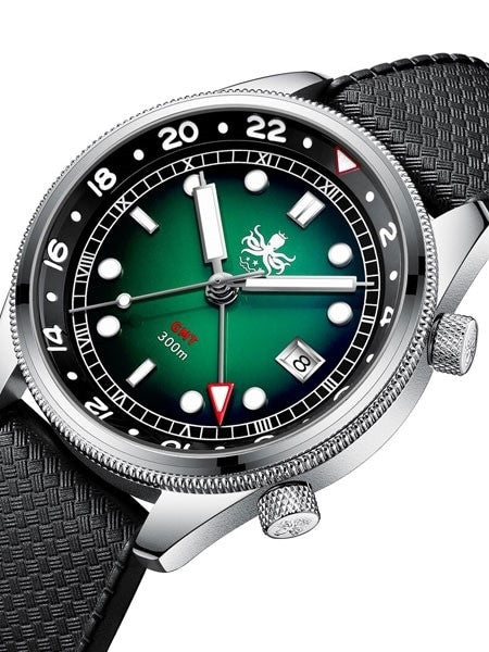 PHOIBOS Eagle Ray 300-Meter Dual-Time GMT Dive Watch with Double Dome AR Sapphire Crystal #PX023A