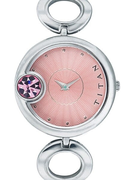 Titan Ladies Pink Dial Quartz Watch with Purple Crystal and Stainless Steel Bracelet #2503SM01