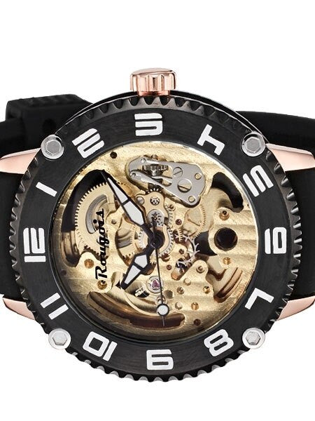 Rougois Goldtone Skeleton Automatic (self-winding) Watch with Black Bezel 3285M-RGB-2