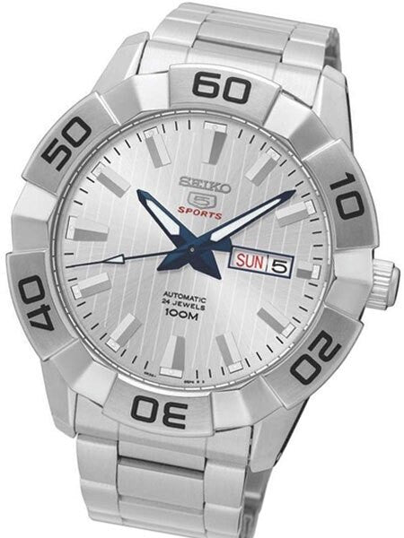 Seiko 45mm Sports 5 Automatic 24-Jewel Watch with Pinstriped Silver Dial #SRPA49K1