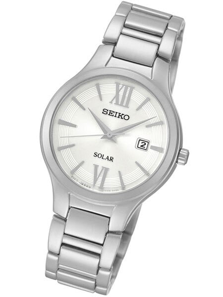 Seiko Women's Solar Watch with White Dial and Silvertone Hands and Markers #SUT207