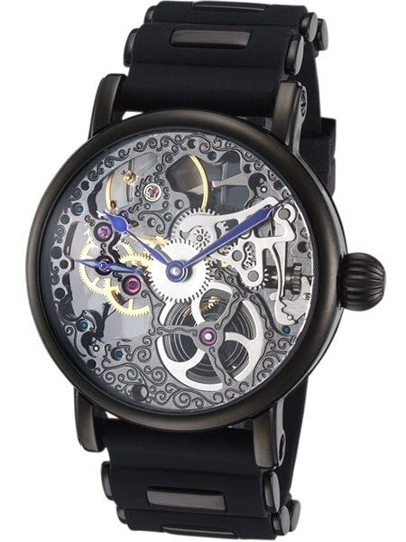 Rougois Tattoo Hand Wind Decorated Skeleton Movement Watch with Gun Metal Black IP Case #RS10003-BSB