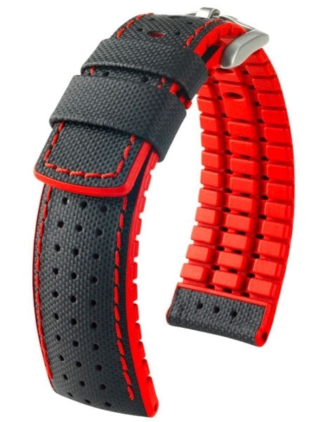 Hirsch ROBBY Sailcloth Effect Performance Watch Strap, Black and Red #09120940-50