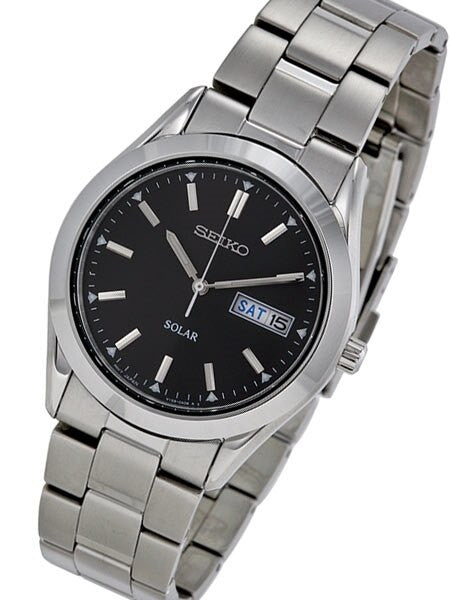 Seiko Black Dial, Solar Watch with 36mm Stainless Steel Case and Bracelet #SNE039