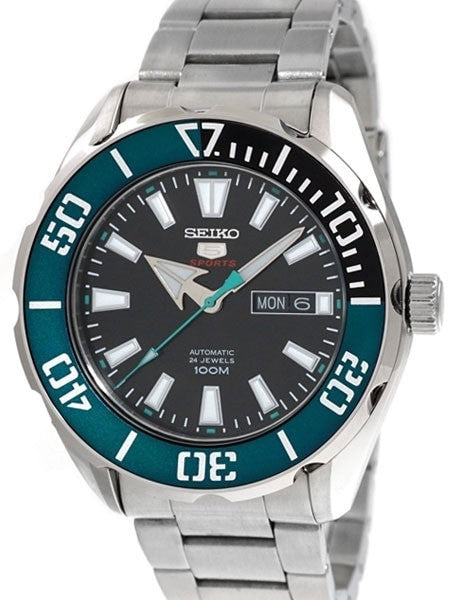 Seiko 5 Sports Automatic 24-Jewel Watch with Black Dial and SS Bracelet #SRPC53K1