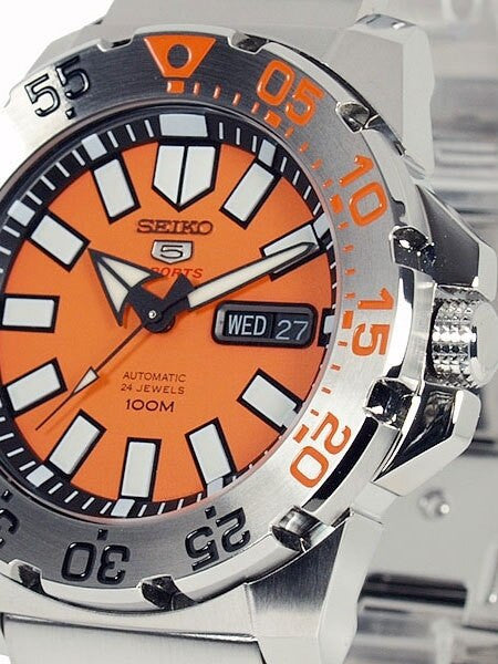 Seiko 43mm Sports 5 Automatic 24-Jewel Watch with Day and Date, Orange Dial #SRP483K1