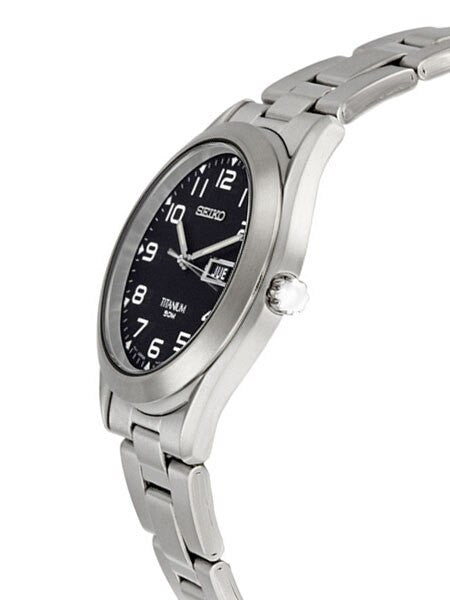 Seiko Quartz Black Dial Watch with 37mm Titanium Case and Folded Bracelet #SGG711