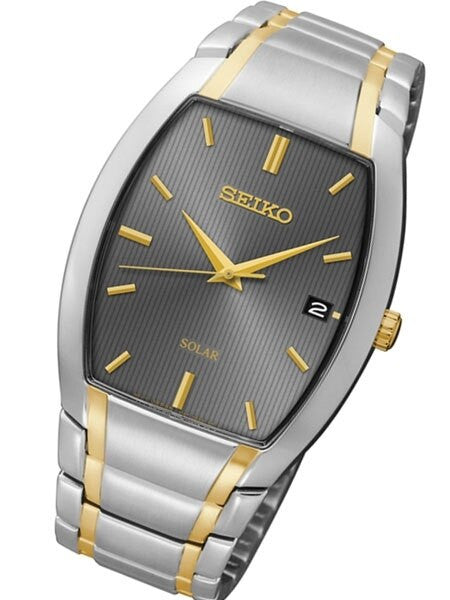 Seiko Solar Watch with Two-Tone Tonneau Stainless Steel Case and Matching Bracelet #SNE334