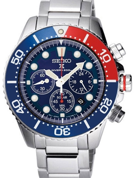 Seiko Solar Quartz Chronograph with Stop-Watch and 24-hour Sub-Dial  #SSC019