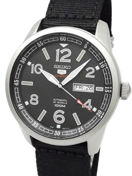 Seiko Sports 5 Black Dial 24-Jewel Automatic Watch with 44mm Case, Canvas Strap #SRP625K1