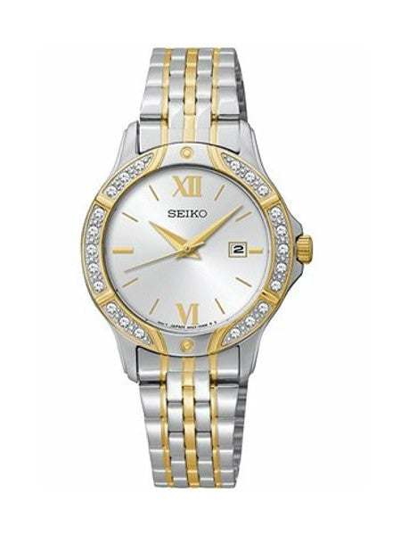 Seiko Two-Tone Women's Quartz Dress Watch with Swarovski Crystal Bezel, Mother of Pearl Dial #SUR864